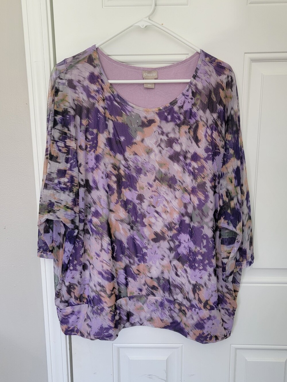 Chico's Purple Blossoms Mesh Top Abstract Floral Print Size XXL Lined Dolman